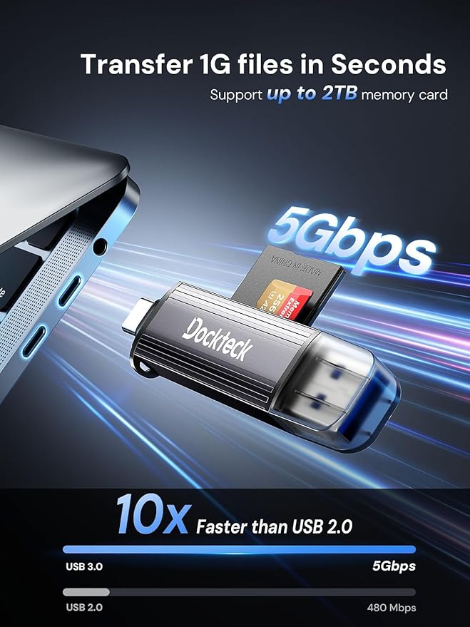 SD Card Reader, Dockteck USB 3.0 Card Reader to Micro SD Card Adapter to SD TF Memory Stick, Dual-Slot OTG Reader for UHS-I SD/Micro SD/SDHC/SDXC/MMC, for MacBook,iPad Pro/Air, iPhone 15, Android