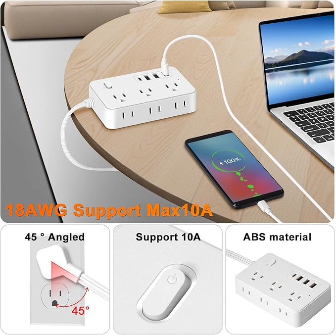 10Ft Surge Protector Flat Extension Cord Flat Plug Power Strip, 6AC Outlets, 4 USB Charger(1 USB C Port), 1700 Joules Protection, Office Supplies, Dorm Room Essentials