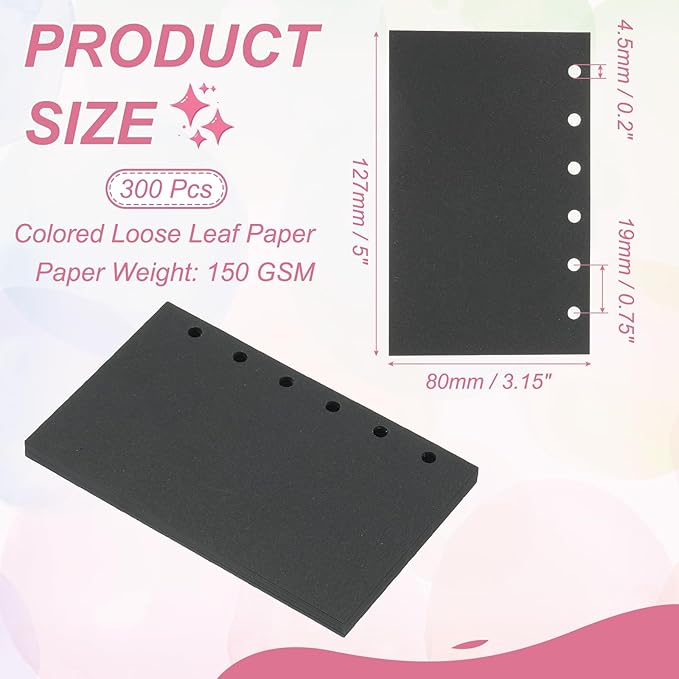 PATIKIL Colored Loose Leaf Paper, 5" x 3.2"(A7) 300 Sheets 6 Holes Punched 150GSM Blank Binder Refill Paper Supplies for Office Note Taking Teacher Planner Journal Notebook, Black