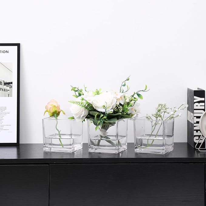 Square Glass Vases Set of 4, 4"x 4"x 4" Flower Vases for Centerpieces, Clear Glass Vase for Flowers, Small Vase for Wedding, Party, Home Office Decoration
