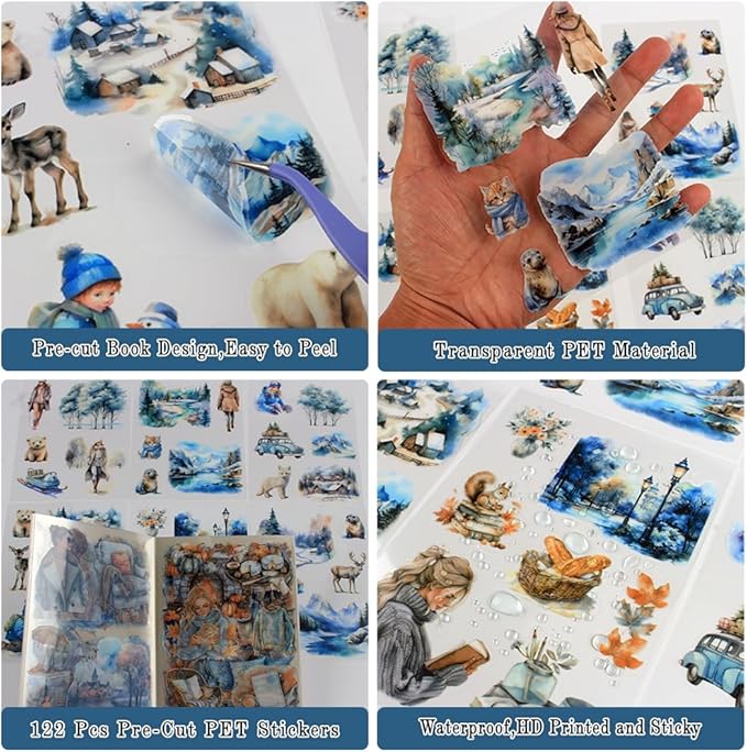 Dwpetzo Winter Pre-Cut Journal Sticker Book for Junk Journaling, Transparent PET White Snow Landscape Stickers for Scrapbook Supplies, Scrapbooking, Collage, Planners, Bujo, 20 Sheets