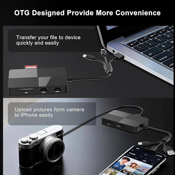 8-in-1 Memory Card Reader with 3 USB Ports, Lightning/USB-C/USB-A Adapter for iPhone/Android/PC/Mac, Supports SD/TF/MS/CF/XD Card & OTG for Photo/Video Transfer