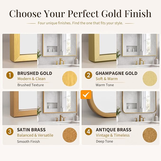 24x36 Inch Matte Gold Bathroom Vanity Mirrors | Flush Mount Deep Set Metal Wall Mirror for Over Sink | HD Shatterproof Glass, Rustproof | 1 Pack