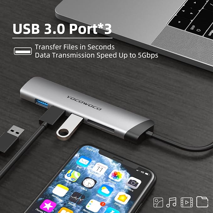 YOCOWOCO USB C Hub, 6 in 1 USB-C to HDMI Multiport Adapter with 4K HDMI, 3 USB 3.0 Ports and SD/TF Card Reader, USBC Dongle Splitter for MacBook Pro/Air, Laptops, PC, Desktop