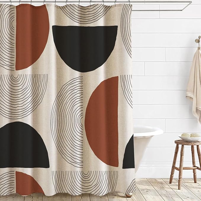 Boho Minimalistic Linen Shower Curtain Abstract Geometric Shapes Lines Fabric Shower Curtain Set with Hooks, Mid Century Modern Shower Curtains for Bathroom, 71x71 Bath Curtain