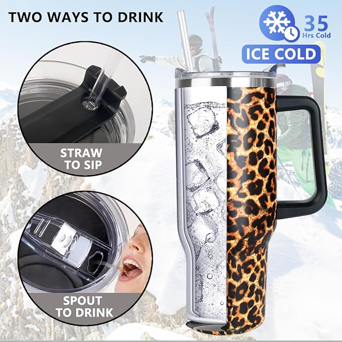 SYACOT 40 oz Tumbler with Handle and Straw Stainless Steel Insulated Tumbler Leak Proof Lid and Straw Lid Reusable Travel Mug Coffee Mug Cup Dishwasher Safe Keep Drinks Cold and Hot (Leopard)