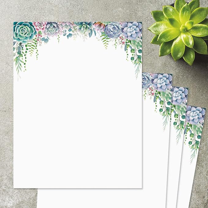 Current Succulent Floral Letter Paper - Spring Stationery Papers With Decorative Succulent Flowers Border, Printable Holiday, Wedding & Bridal Shower, & Invitation Sheets, Set of 25, 8 1/2" x 11"