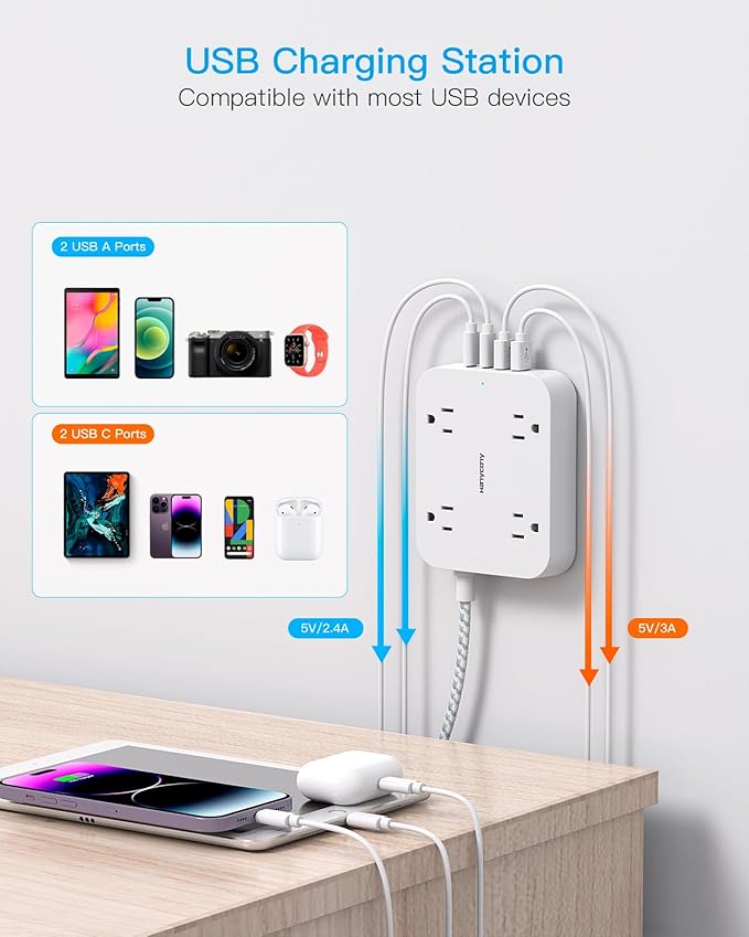 Flat Extension Cord 3 Ft, HANYCONY Power Strip with 4 USB Ports(2 USB C), 4 Widely Outlets Extender, Wall Mount, Desk Charging Station for Office, Travel and Dorm Room Essentials, ETL Listed