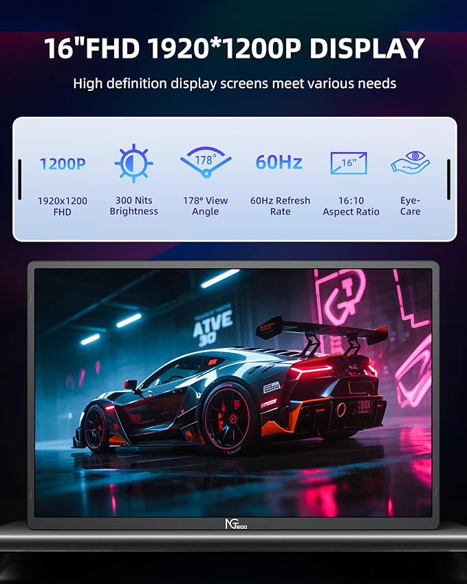 NGTeco Portable Monitor 16" FHD 1200P USB C HDMI Gaming Ultra-Slim IPS Display w/Smart Cover & Speakers,HDR Plug&Play, External Second Monitor Compatible with Laptop/PC/Mac/Phone/Xbox/Switch/PS4