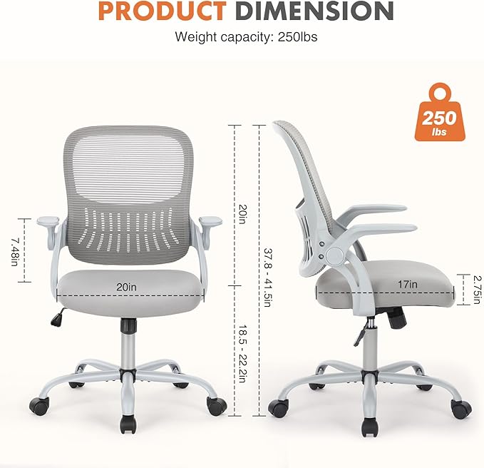 Sweetcrispy Home Office Managerial Executive Chair, Ergonomic Mesh Adjustable Swivel Mid-Back Chair with, Flip-up Arms, Comfortable Lumbar Support, Comfy Arms for Bedroom,Study,Student, Grey