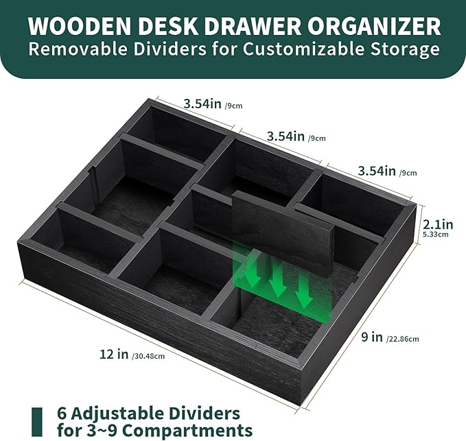 TEESSFROOD Desk Drawer Organizer Tray with 9 Adjustable Compartments, Wooden Office Desk Accessories Supplies Organization Storage for Desktop Bathroom Vanity Makeup Black