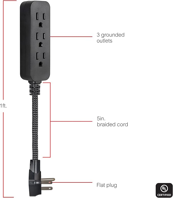 GE 3-Outlet Power Strip Mini Extension Cord with Multiple Outlets 5 Inch Braided Short Cord Extension Cord Grounded Flat Plug Extension Cord ETL Listed 2 Pack Black 53240