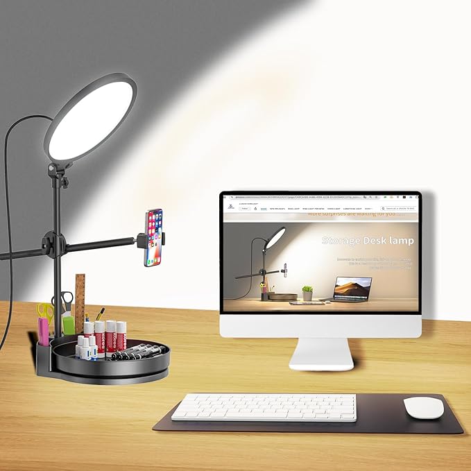 Bright Zoom Lighting for Computer, Adjustable Desk Lighting for Video Callst,55W Dimmable Full Screen Ring Light,with Rotating Storage Box,Pen Holder Stand,Phone Holder and Controller (Black, 10.5)