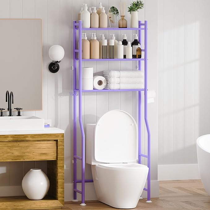 3-Tier Over Toilet Storage with Anti-Tilt Safety System - 150lb Total Capacity Metal Bathroom Shelves Including Paper Holder & 4 Hooks, Space Saving Above Commode Organizer (64" H, Purple)