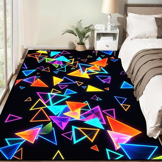 Triangle Area Rug 2'x3' Blacklight Glow in The Dark Geometric Rug Non-Slip Washable Colorful Neon Light Floor Mat for Entryway Bedroom Living Room Nursery Kitchen Playroom Home Decor