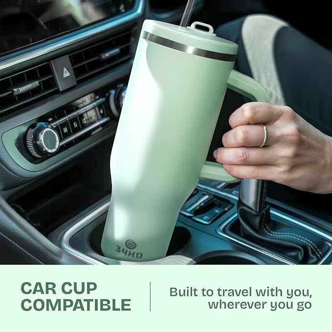34HD 40 oz Stainless Steel Tumbler - Leakproof Insulated Water Bottle with Handle, Magnetic Lid and Flexible Straw - Iced for 48 Hours – Perfect for Men, Women, Birthday Gift, Green - Matcha Whisper