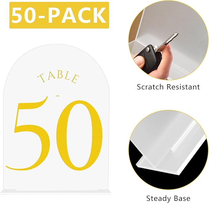 JOYIT Frosted Arch Wedding Table Numbers 1-50 with Stands – 5" X 7" Acrylic Gold Table Number Holders, Perfect for Wedding Receptions, Parties, Anniversaries, and Events