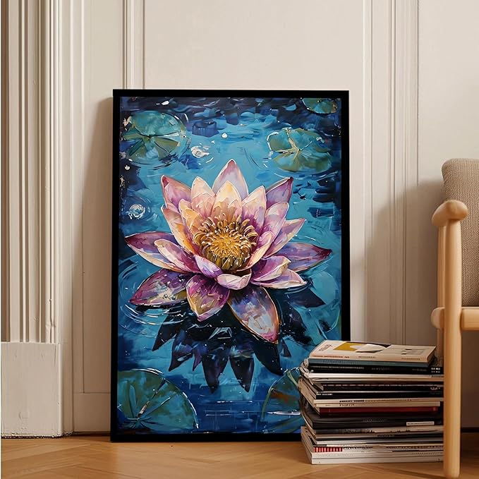 Gorgeous pink and purple water lilies on deep blue water Eye-catching oil painting Serene aquatic wall art for modern home decor 20x30in Metal blackFramed