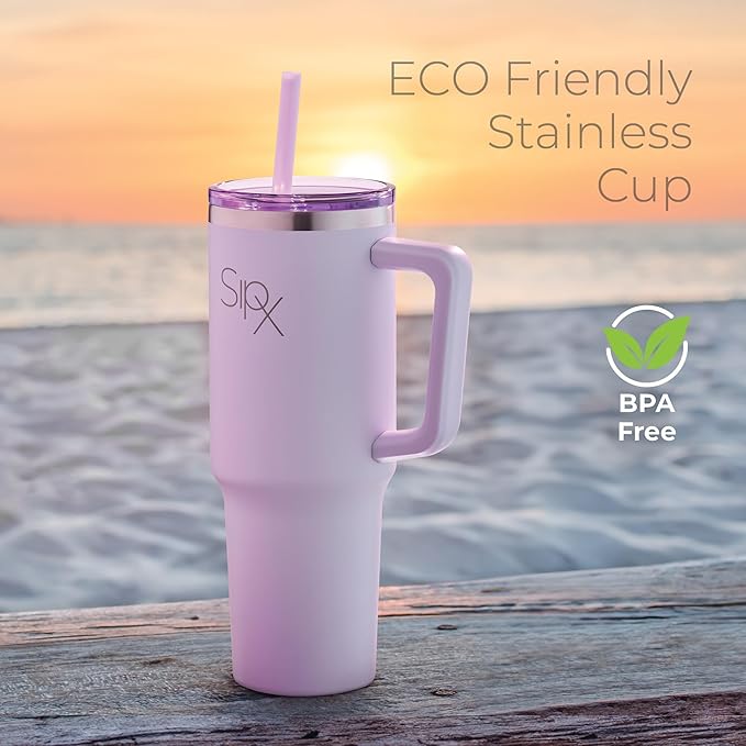 SIPX™ 40 oz Insulated Tumbler with Handle & Straw – Vacuum Insulated Stainless Steel, Leakproof, Cupholder Friendly – Perfect for Iced Coffee, Water & Travel – Purple