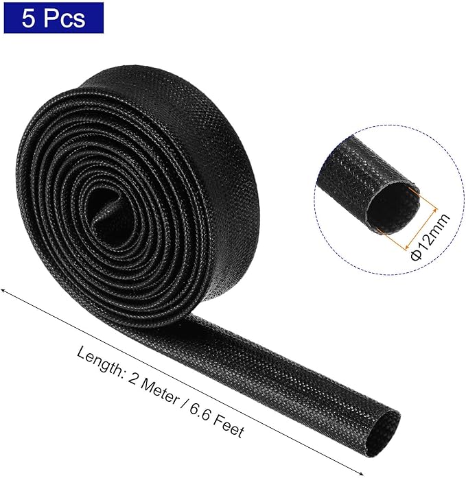 MECCANIXITY 5Pcs Wire Insulation Braid Fire Sleeve,6.6Ft-12mm ID Black, High Temp Silicone Coated Fiberglass Sleeving for Automotive Hose Lines Electrical Wiring
