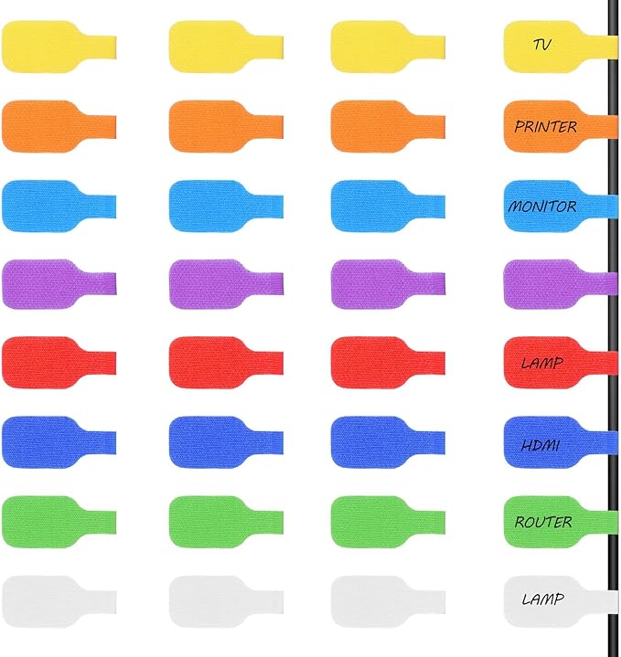 24pcs Cord Tags Labeling, Charging Cord Labels, Reusable Cable Label, Multi-Color Write on Cable Label, for Cables Management and Identification (8 Colors)