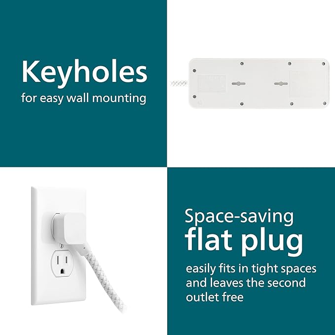 Philips 7-Outlet Surge Protector with USB Charging, 6ft Braided Extension Cord, 1USB-A, 1USB-C, 1500J, Adapter Spaced, Outlet Extender Power Strip, White - SPP3983W/37