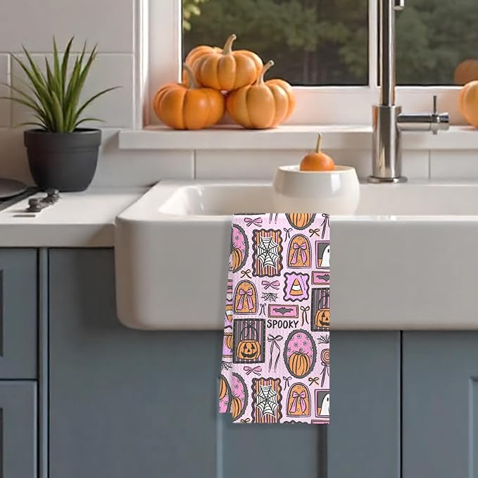 Pink Halloween Kitchen Towels, for Women Girls Dish Tea Towels for Kitchen Decor, Preppy Gothic Ghost Pumpkin Decorative Hand Towel for Bathroom, 16x24 Inches