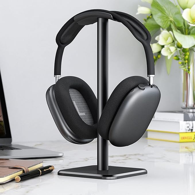 Headphone Stand, Rounded Corner Headset Holder, Anti Slip Base, TPU Tray, Aluminum Supporting Bar Headset Holder for Home Gaming Office (Black)