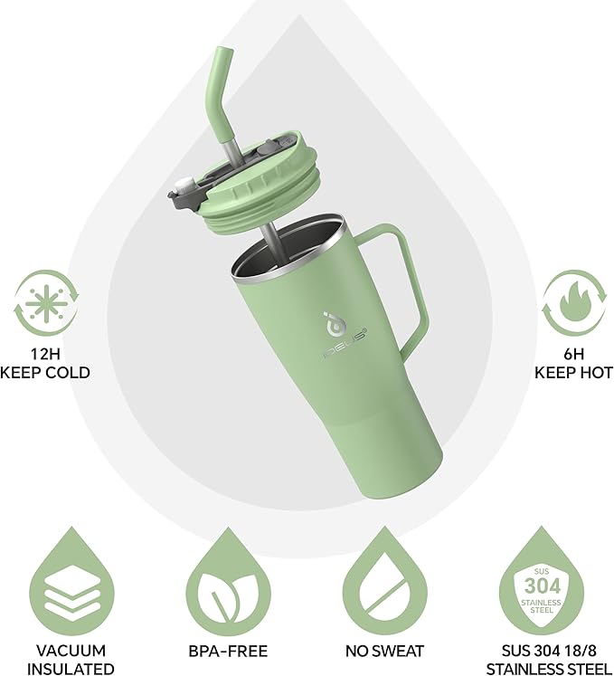 Ideus 32 oz Tumbler with Handle and Straw, Vacuum Insulated Stainless Steel Travel Mug, 100% Leakproof, Cup Holder Friendly, Avocado Green