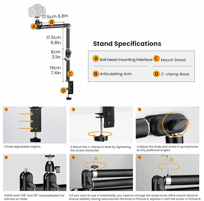 TARION Overhead Camera Desk Mount - 360° Flexible Articulating Arm with 3/8'' Screw and 1/4'' Screw Ballhead for DSLR SLR Mirrorless Cameras Projector Ring Light TKA01-M