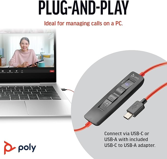 Poly Blackwire 3320 Wired Headset (Plantronics)– Flexible Microphone Boom – Hi-fi Stereo - Connect to PC/Mac via USB-C or USB-A - Certified for Microsoft Teams - Amazon Exclusive