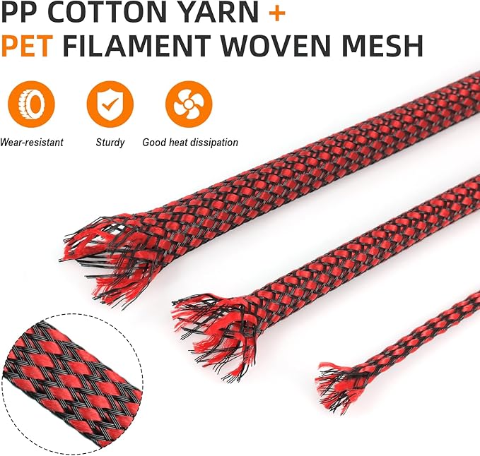 Braided Expandable Cable Sleeve, 25ft PP Cotton and PET Braided Cable Management, Flexible Mesh Wire Loom and Cable Protector for TV, Computer, Home Theater, Automotive (Red, 5/16")