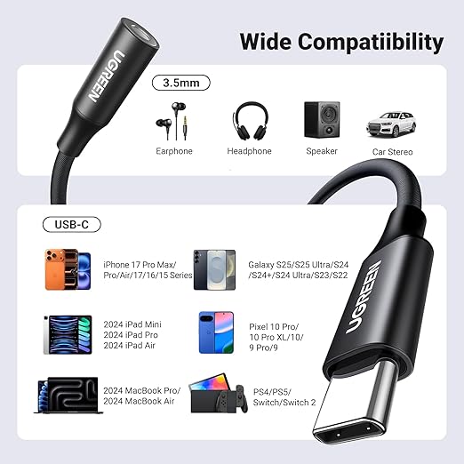 UGREEN USB C to 3.5mm Audio Adapter Type C to Headphone Aux Jack Dongle 24bit/96kHz HiFi DAC Cable Cord Compatible with iPhone 17 16 Pro Max/16 Plus, iPad, Galaxy S25 S24 Ultra, Pixel 10, Black