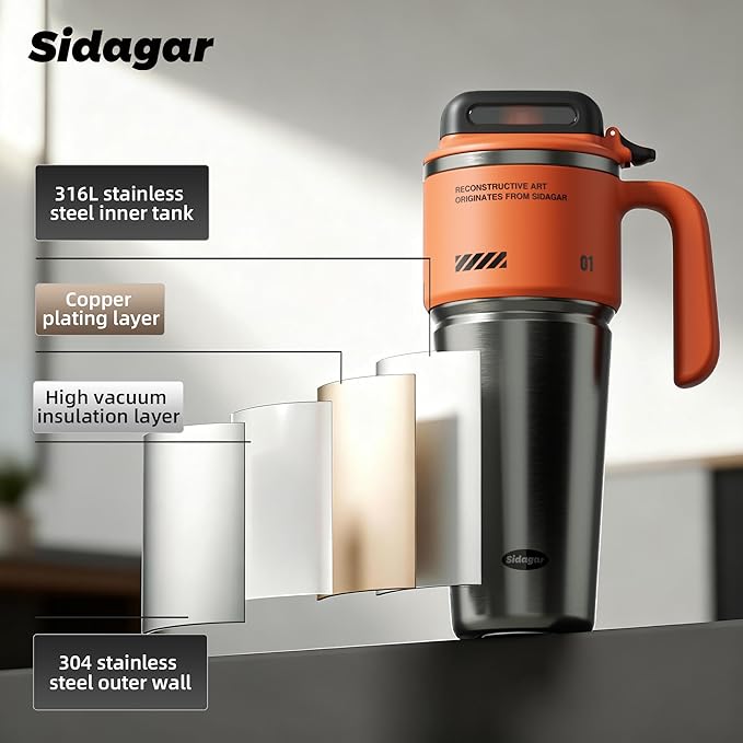 32 oz Stainless Steel Insulated Water Bottle with Handle, Sports Tumbler with Lid and Straw, Push-button Leak-proof Travel Cup, Fits in Car Cup Holder - Dynamic Orange