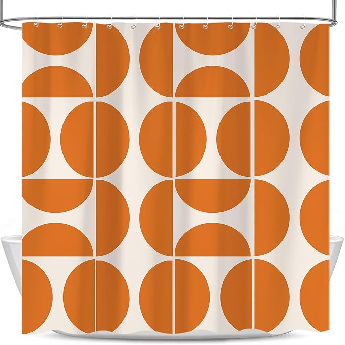 Orange Mid Century Modern Shower Curtain, Boho Abstract Geometric Retro Art Bath Curtains For Bathroom, Colorful Unique Pattern Waterproof Polyester Fabric Bathroom Accessories Set 12 Hooks 72X72IN