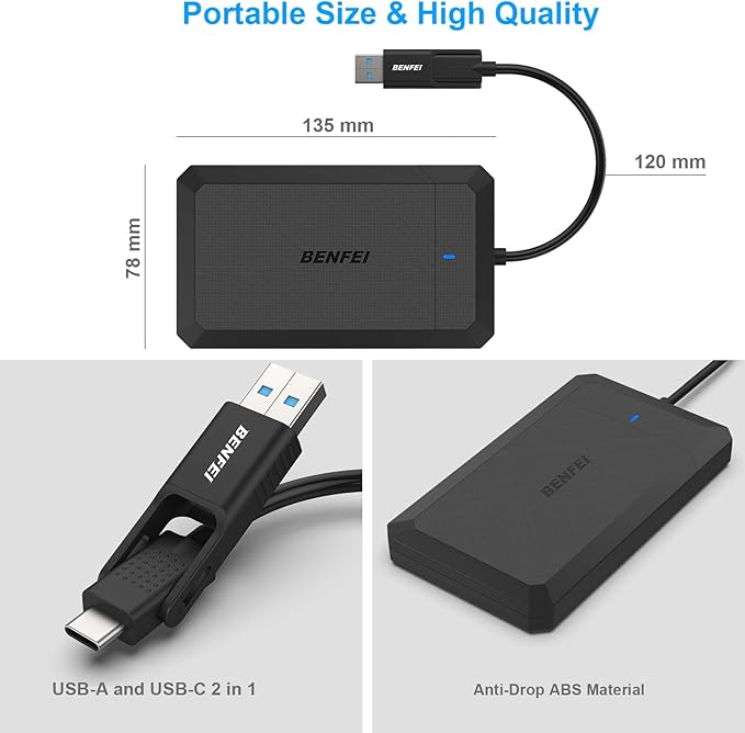 BENFEI 2.5 Inch SATA to USB Tool Free External Hard Drive Enclosure, USB Type-C/Type-A to Sata Compatible for 2.5 Inch SSD(Optimized for SSD, Support UASP)