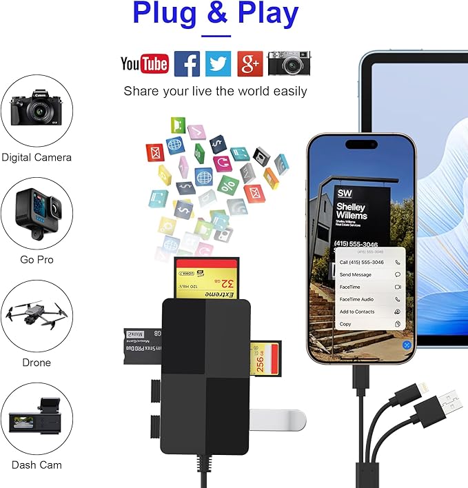 Memory Stick Duo pro Adapter - 8 in 1 SD/TF/MS/CF/XD Card Reader with Extra 3 USB Ports Supports Micro SD/SDHC/XD Picture Card USB C Lightning OTG Adapter Multi Memory Card Reader for Computer/iPhone