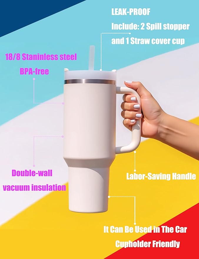 40 oz tumbler with handle and straw,Double Wall Vacuum Reusable Stainless Steel Insulated Water Bottle,With Leak Proof lid and Straw for Iced or Cold Beverages (Glacier)