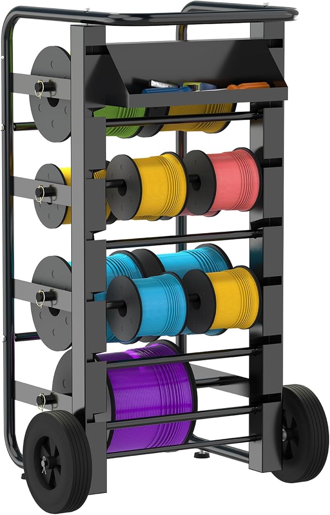 Tredre Wire Spool Rack, Heavy Duty Cable Holder with 11 Rods – Mobile Multi-Spool Wire Rack Dispenser with Wheels and Storage Box for Efficient Workplace Cable Management (Black)