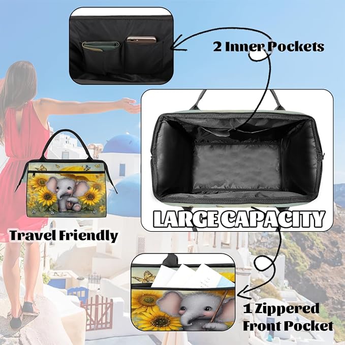 Cute Elephant Umbrella Sunflower Overnight Weekender Bags for Women Men, Waterproof Travel Carry On Duffel Bag, Lightweight Sports Gym Bag for Fitness, Workout, Travel