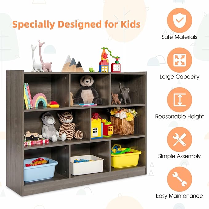 HONEY JOY Kids Storage Organizer, 8-Section Open Wooden Display Shelf for Classroom, Playroom, Nursery, Kindergarten, Dark Gray