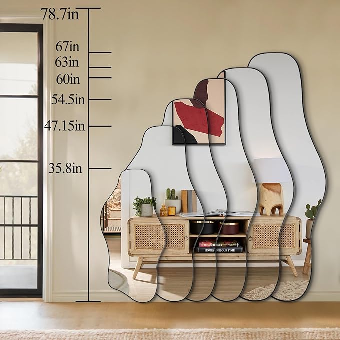 Irregular Wall Mirror, 60"x24" Asymmetrical Tempered Glass Mirror, Large Frameless Organic Shape Mirrors for Entryway Hallway Bedroom Living Room, Horizontal or Vertical Hanging
