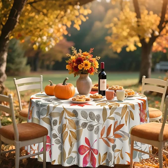 Eikione Fall 60Inch Round Tablecloth, Fall Maple Leaf Round Table Cloth, Waterproof, Wrinkle Free Polyester Table Cover for Autumn Picnics, Halloween Dining Decorations