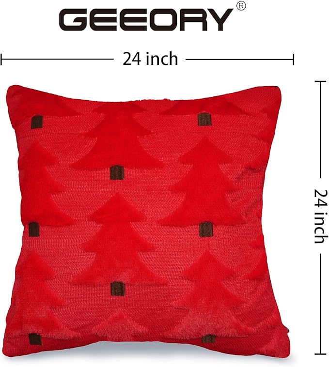 GEEORY Christmas Pillow Covers 24x24 Inch Set of 2, Christmas Decorations Xmas Tree Soft Plush Fluffy Faux Fur Decorative Throw Pillows Farmhouse Winter Cushion Case Red Brown GC035-24