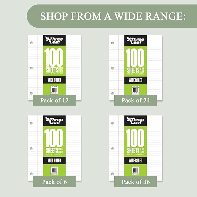 Three Leaf 100 Sheets Wide Ruled Filled Paper, 1728 Ct. (48 Cases X 36 Filler Paper), Loose-Leaf Sheets For School And Office 100 Ct. Filler Paper, Notebook Paper