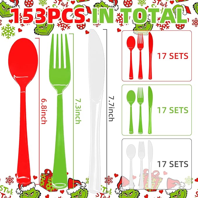 153 Pcs Christmas Plastic Silverware Heavy Duty Disposable Tableware Sets Includes Spoons Forks Knives for Christmas Party Supplies (Red, Bright Green, White)