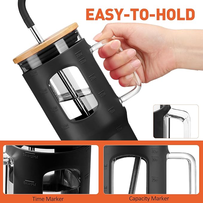 Glass Tumbler with Lid, 32 oz Glass Cup with Handle, Glass Water Bottles with Time Marker, 2 Straws - Pearl Straw & Silicone Protective Sleeve - Black