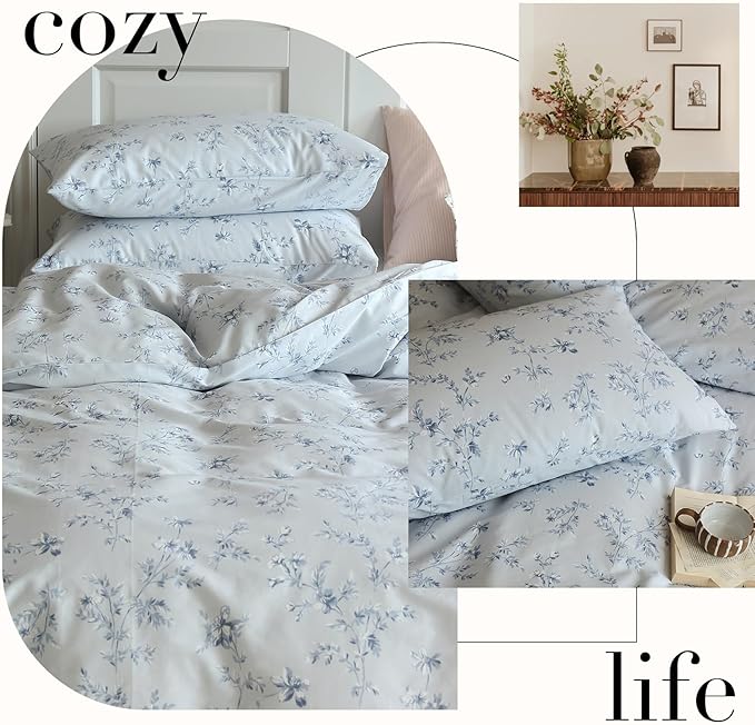 Twin Size Duvet Cover Vintage Blue Floral Duvet Cover Boho Coquette Bedding Set Lightweight Cotton Flower Comforter Cover Aesthetic Boho Farmhouse Bedding Flower Duvet Cover Twin