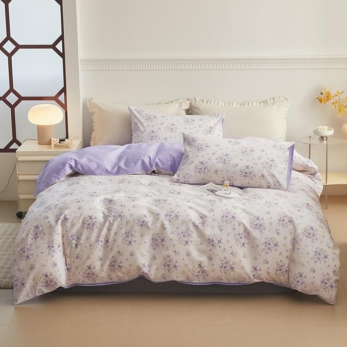 Purple Flower Duvet Cover Twin Soft Cotton Girls Floral Duvet Cover Garden Style Lavender Comforter Cover Vintage Purple Floral Bedding Set Aesthetic Botanical Comforter Cover with 2 Pillowcases