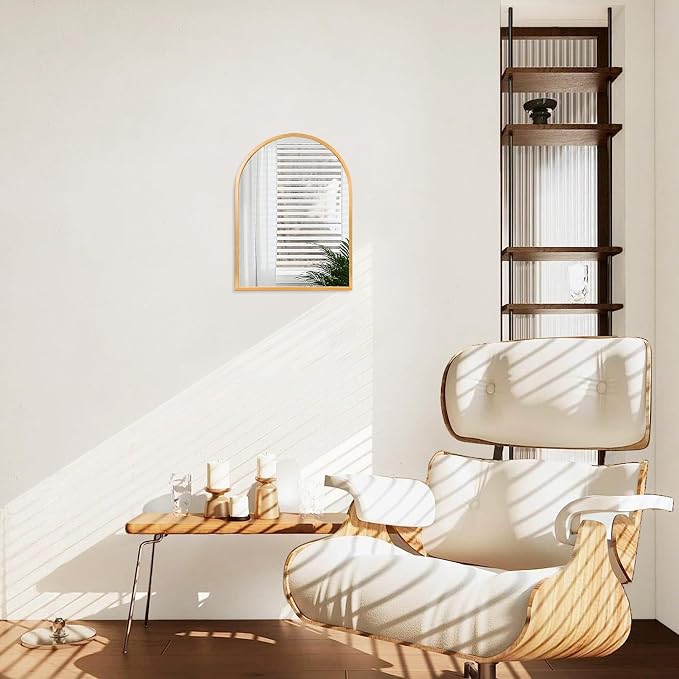 Wall Mirror Arched Bathroom Mirrors, Aluminum Alloy Frame Hanging Vanity Mirror for Living Room Bedroom Entryway Vanity, Brushed Metal Framed Wall Mounted Mirror Gold 16"x12"